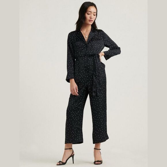 Lucky Brand Pants - Lucky Brand Polkadot Printed Button Front Satin Jumpsuit in Black and White